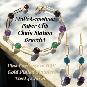 Multi-Gemstone Paper Clip Station Bracelet & Earrings/ION Plated YG 42.60ctw